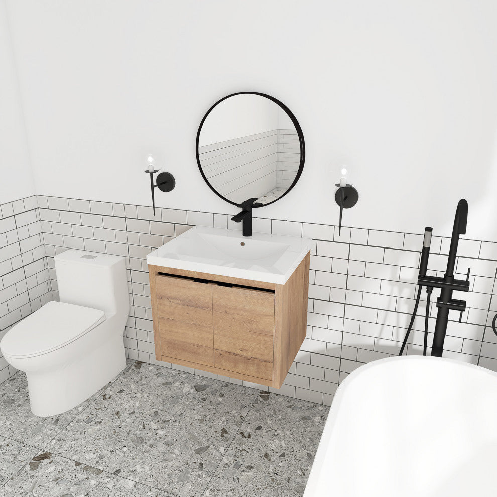 Bathroom Vanity With White Resin Top and Basin, Imitative Oak, 24x18