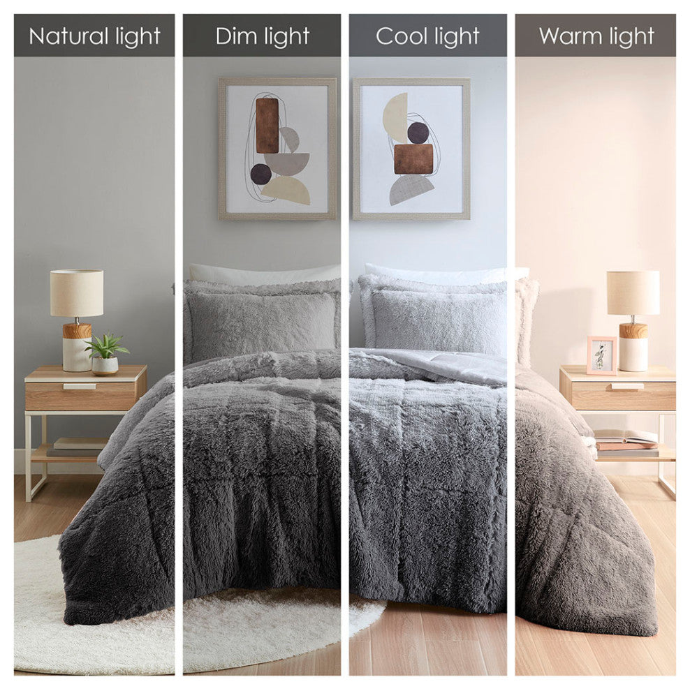 Intelligent Design Brielle Ombre Shaggy Long Fur Comforter Mini Set, Grey