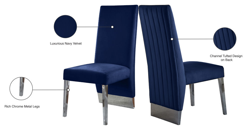Porsha Dining Chair, Set of 2, Navy Velvet, Chrome Legs