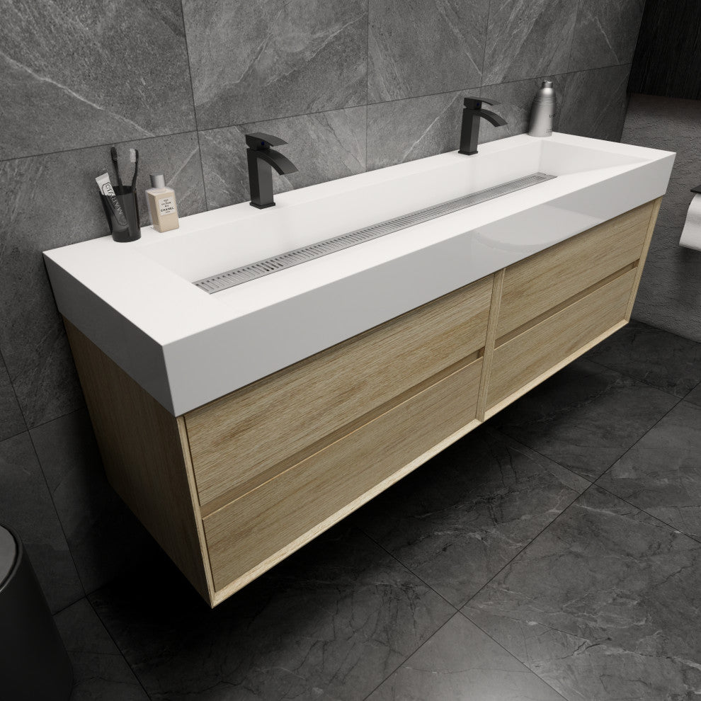 MAX 72" Double Floating Bath Vanity With Acrylic Sink, Coffee Wood