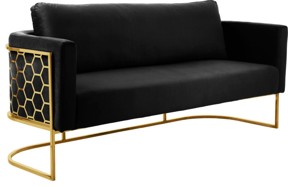 Casa Velvet Upholstered Sofa, Black, Gold Finish