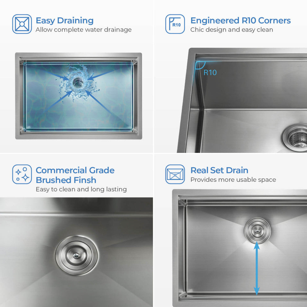 KIBI Undermount Single Bowl Workstation Sink, Stainless Steel 28"