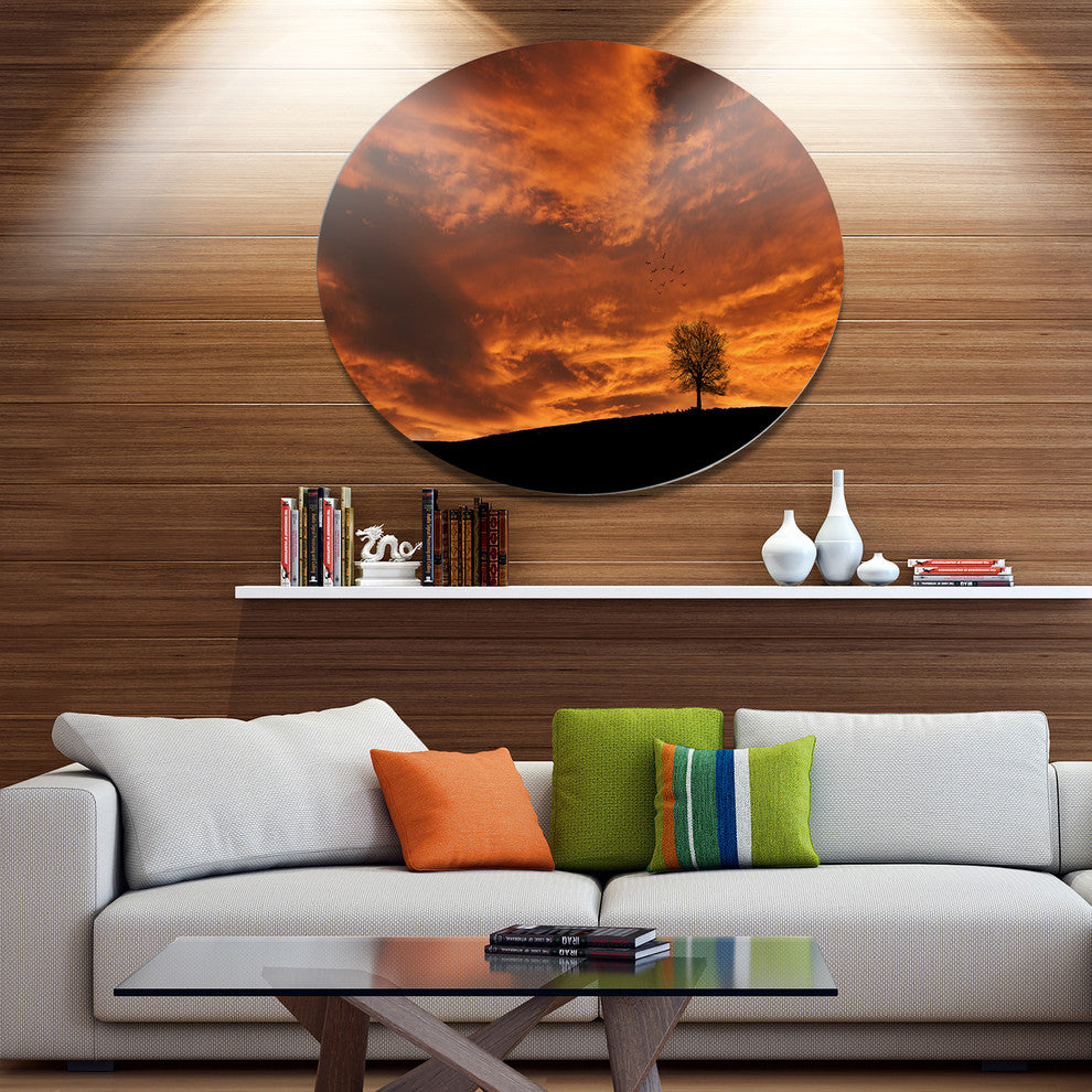 Lonely Tree Under Brown Sky, Landscape Round Metal Wall Art, 11"