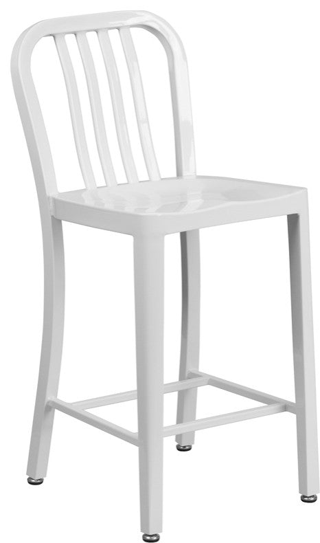 24" High White Metal Indoor-Outdoor Counter Stool With Vertical Slat Back