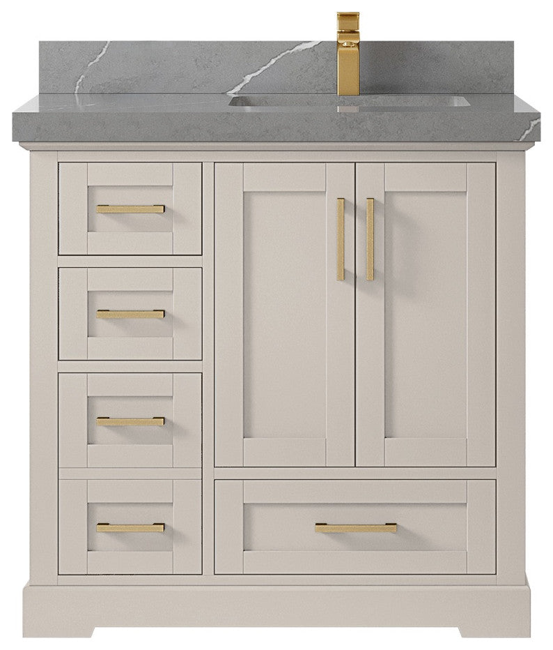 Boston 36" Right Offset Bath Vanity in Fine Grain 2" Piatra Gray