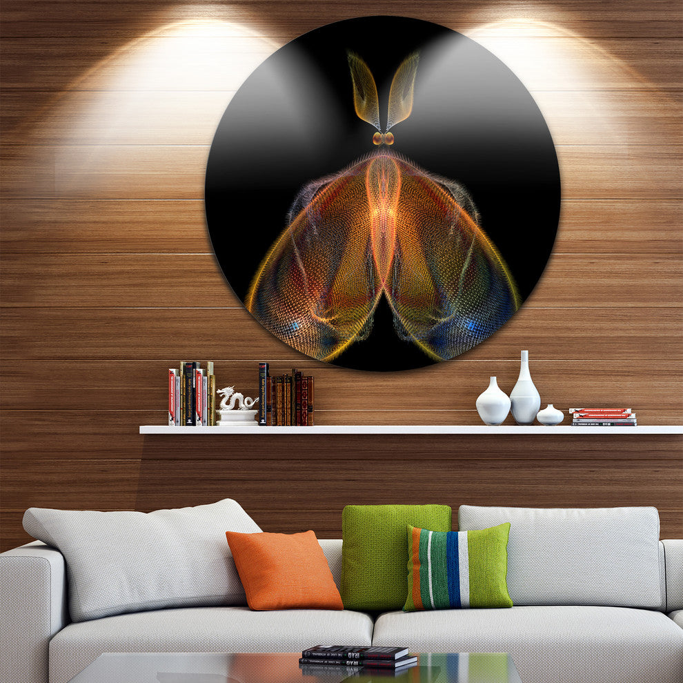 Orange Fractal Butterfly In Dark, Abstract Art Round Metal Artwork, 11"