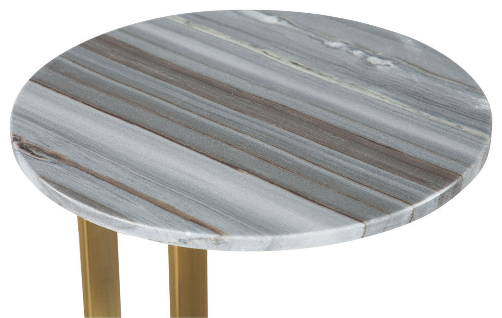 Sofa Side Table, Round, Artificial Marble, Iron Metal, Gray, Gold, White