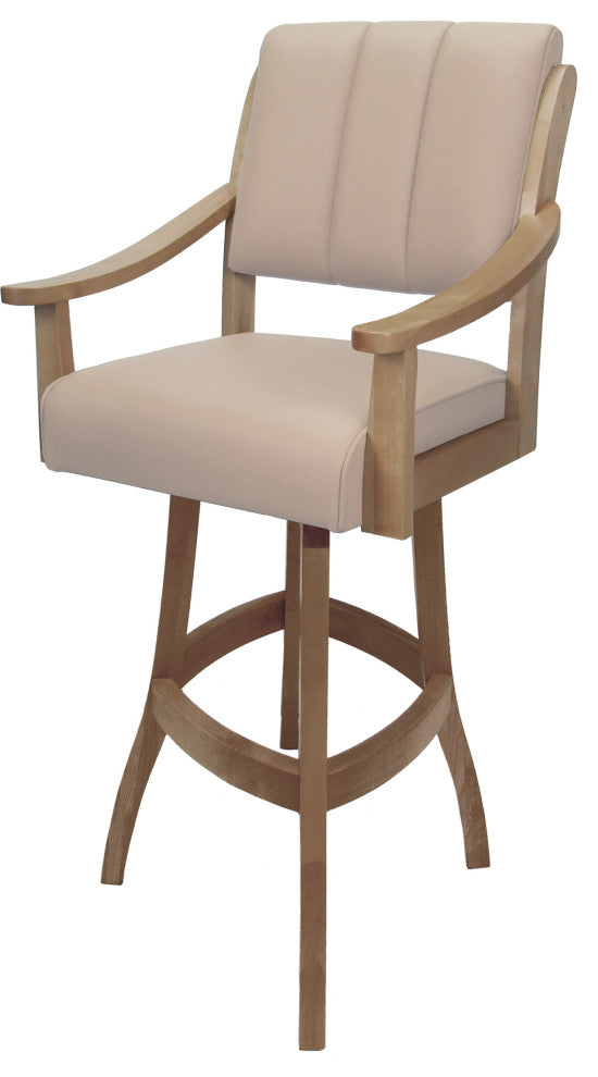 Leather Swivel Wood Bar Stool Casa on S-Base, Tan Leather on Cashew, 34"