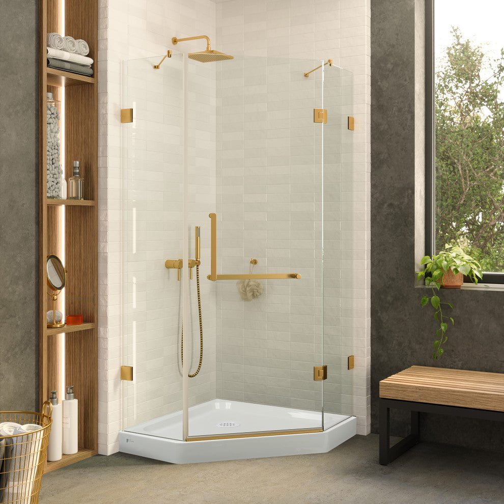 Glass Shower Enclosure Set with Acrylic Shower Base, Satin Brass, 40" X 40"