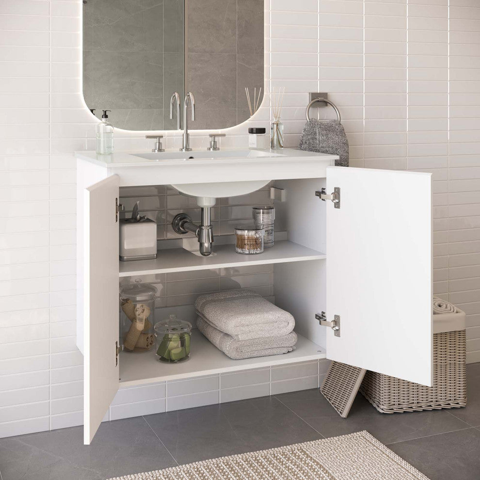 Sink Vanity Cabinet, Wall Mount, White, Ceramic, Modern, Hotel Bathroom