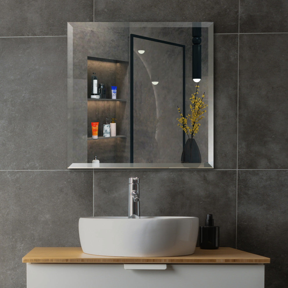 Square Beveled Polished Frameless Wall Mirror With Hooks, 24"