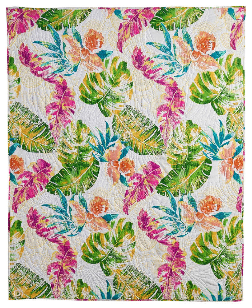 Benzara BM293446 Throw Blanket, Tropical Palm Leaves, Vibrant Green, Blue