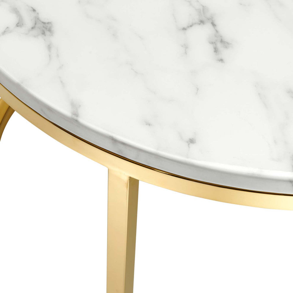 Coffee Table Nesting, Round, Artificial Marble, Metal, Gold White, Modern