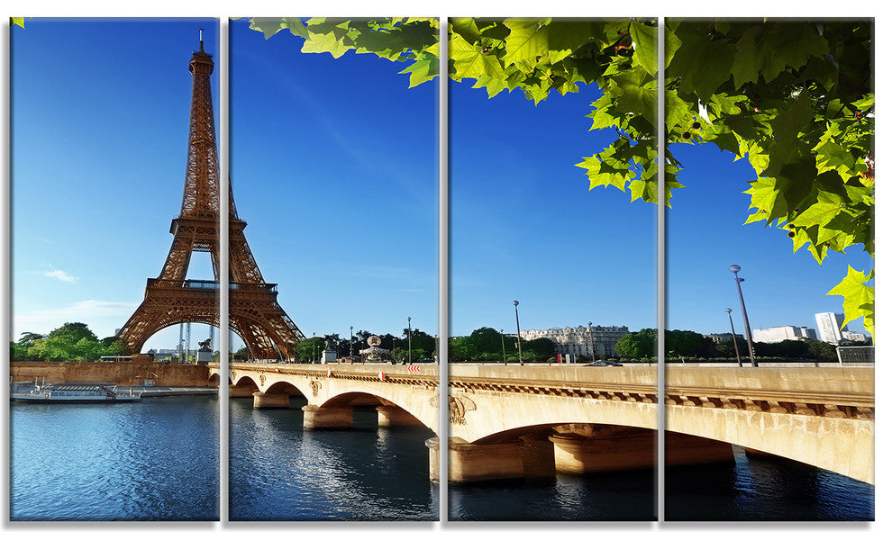 "Bridge to Paris Eiffel Tower Paris" Canvas Print, 4 Panels