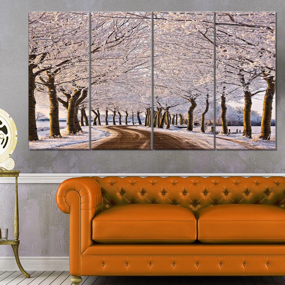 Trees And Road in White Winter, Landscape Canvas Art Print, 48"x28", 4 Panels