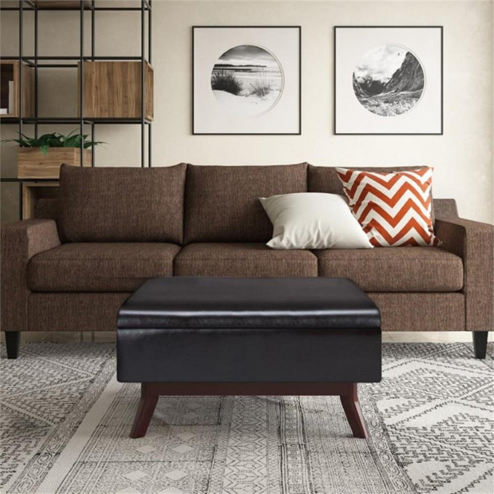 Simpli Home Owen Faux Air Leather Coffee Table Storage Ottoman in Tanners Brown