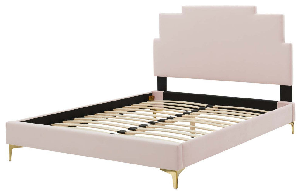 Platform Bed Frame, King Size, Velvet, Pink, Modern Contemporary, Bedroom Master
