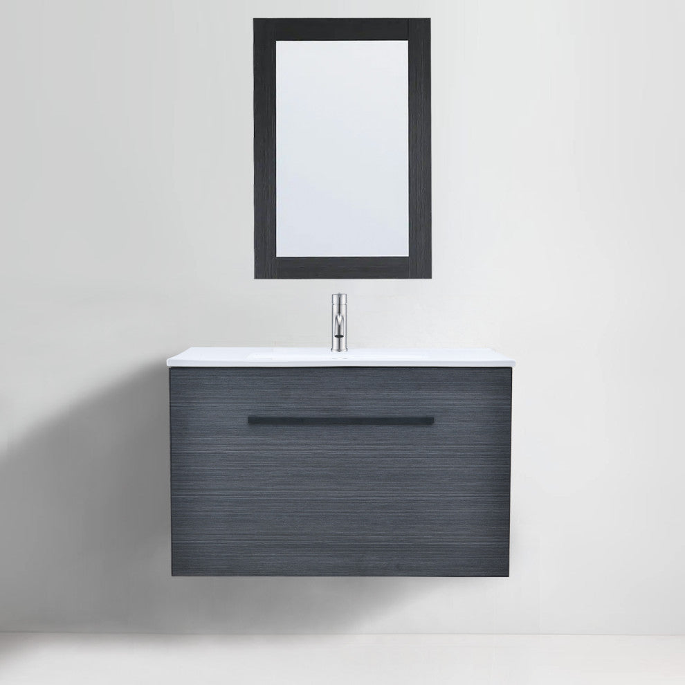 Bath Vanity in Black with White Ceramic Top With Ceramic Basin and Mirror
