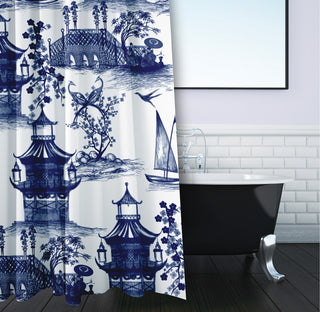 70"Wx73"L China Old Shower Curtain, Porcelain Blue