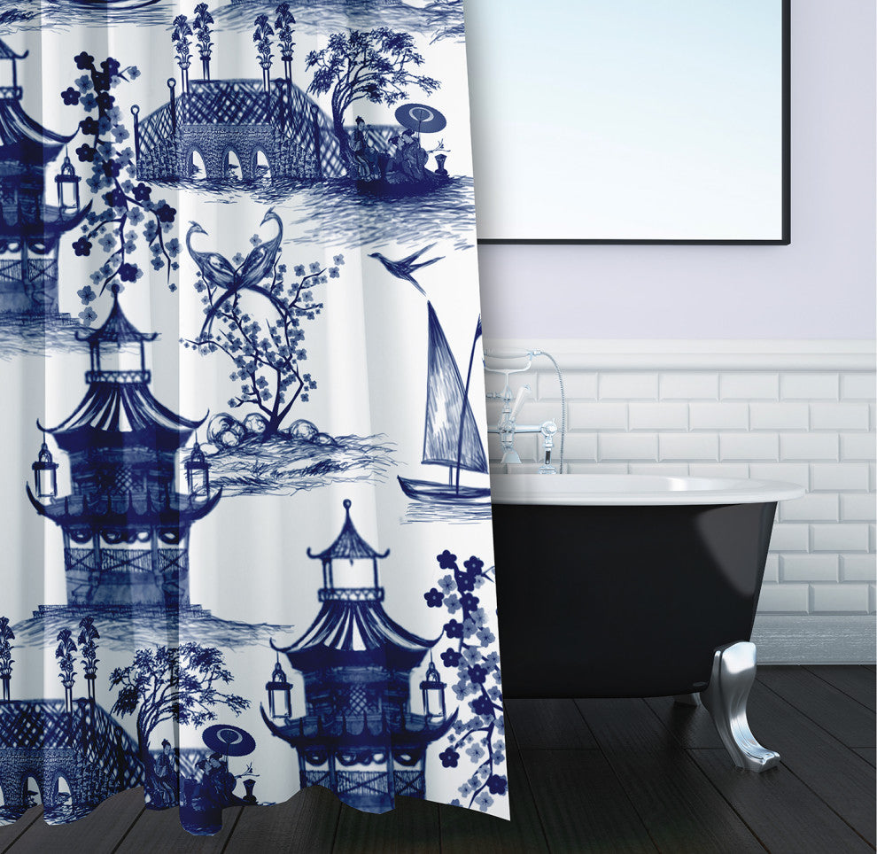 70"Wx73"L China Old Shower Curtain, Porcelain Blue