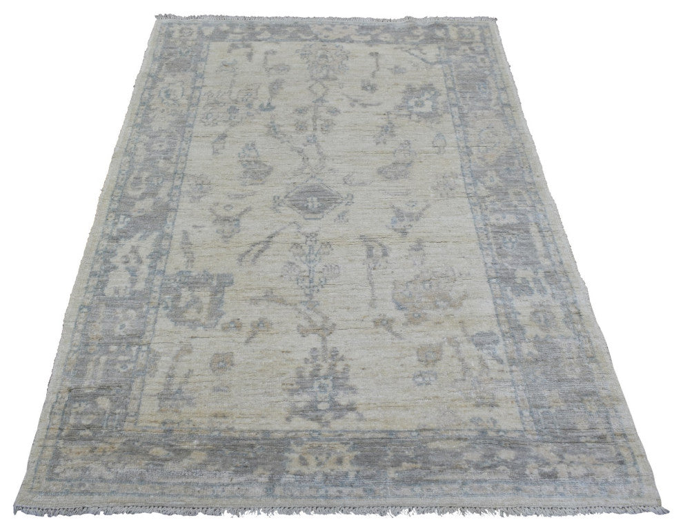 Beige Angora Oushak with All Over Design Hand Knotted Afghan Wool Rug, 4'0"x6'0"