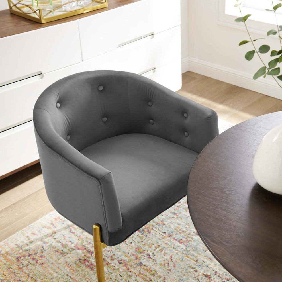 Tufted Accent Chair, Set of 2, Velvet, Metal, Gray, Modern, Lounge