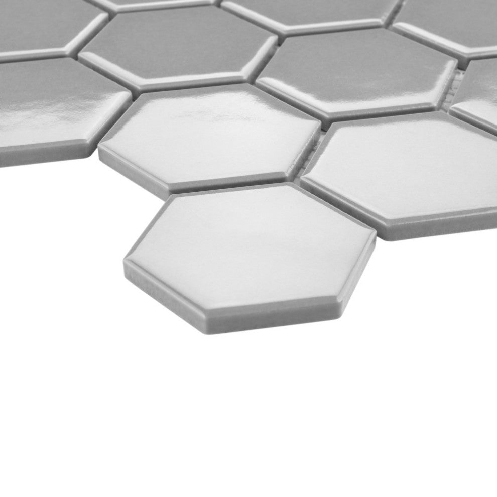 Metro 2" Hex Glossy Light Grey Porcelain Floor and Wall Tile