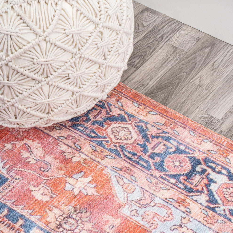Maris Ornate Medallion Machine Washable Indoor Area Rug, Orange/Cream, 3 X 5