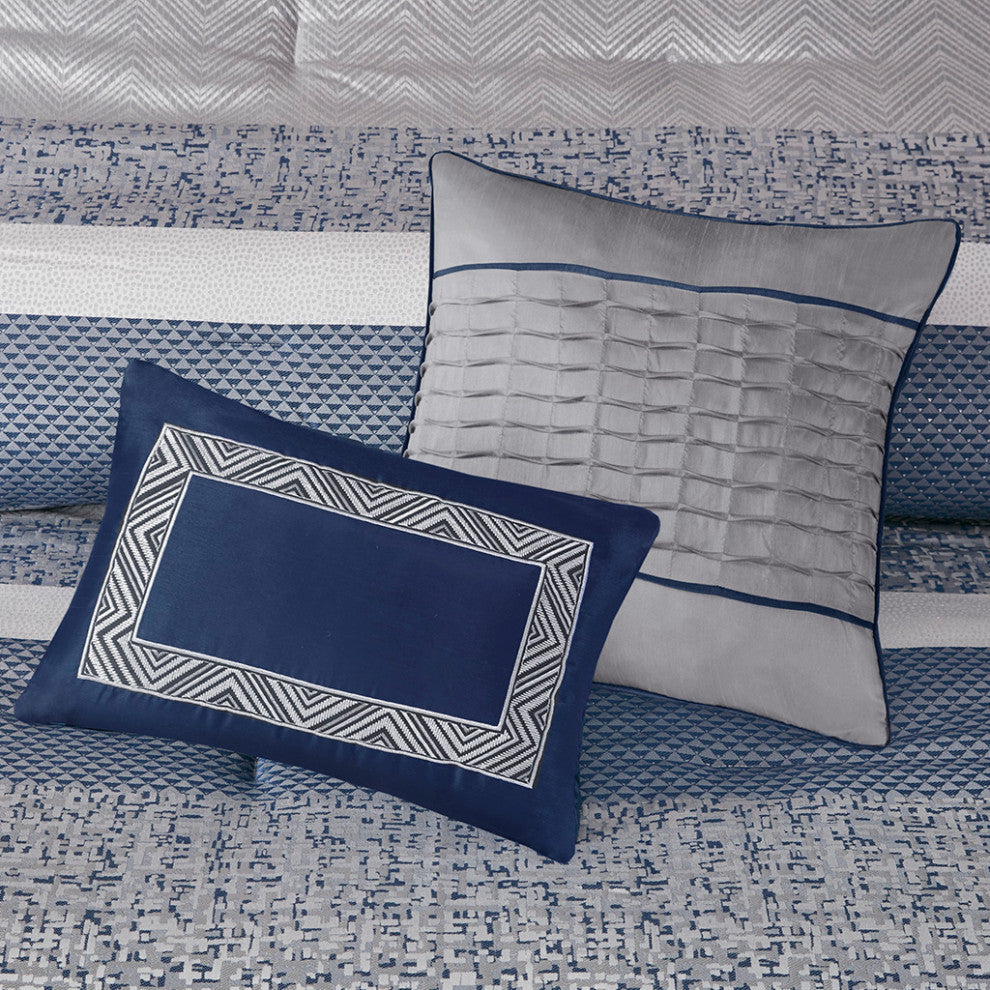 Madison Park Rhapsody Jacquard Stripe Mosaic 7-Piece Comforter Set, Navy Blue