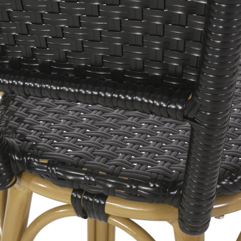 Cotterell Outdoor French Wicker and Aluminum 29.5" Barstools, Set of 2, Black/Bamboo Finish