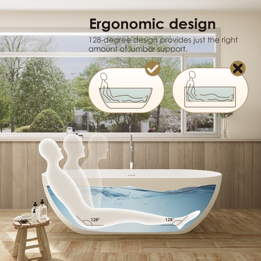 Ryder Flatbottom Freestanding Solid Surface Soaking Bathtub, Matte White, 69inch