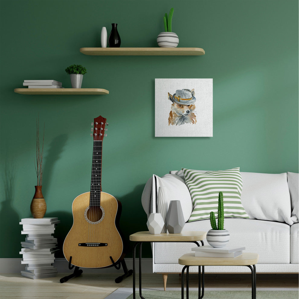 Funny Hat Fashion Fo"x Animal Watercolor Painting, 24"x24"