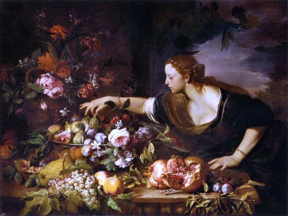 Abraham Brueghel Woman Grasping Fruit, 21"x28" Gallery Wrapped Canvas Print