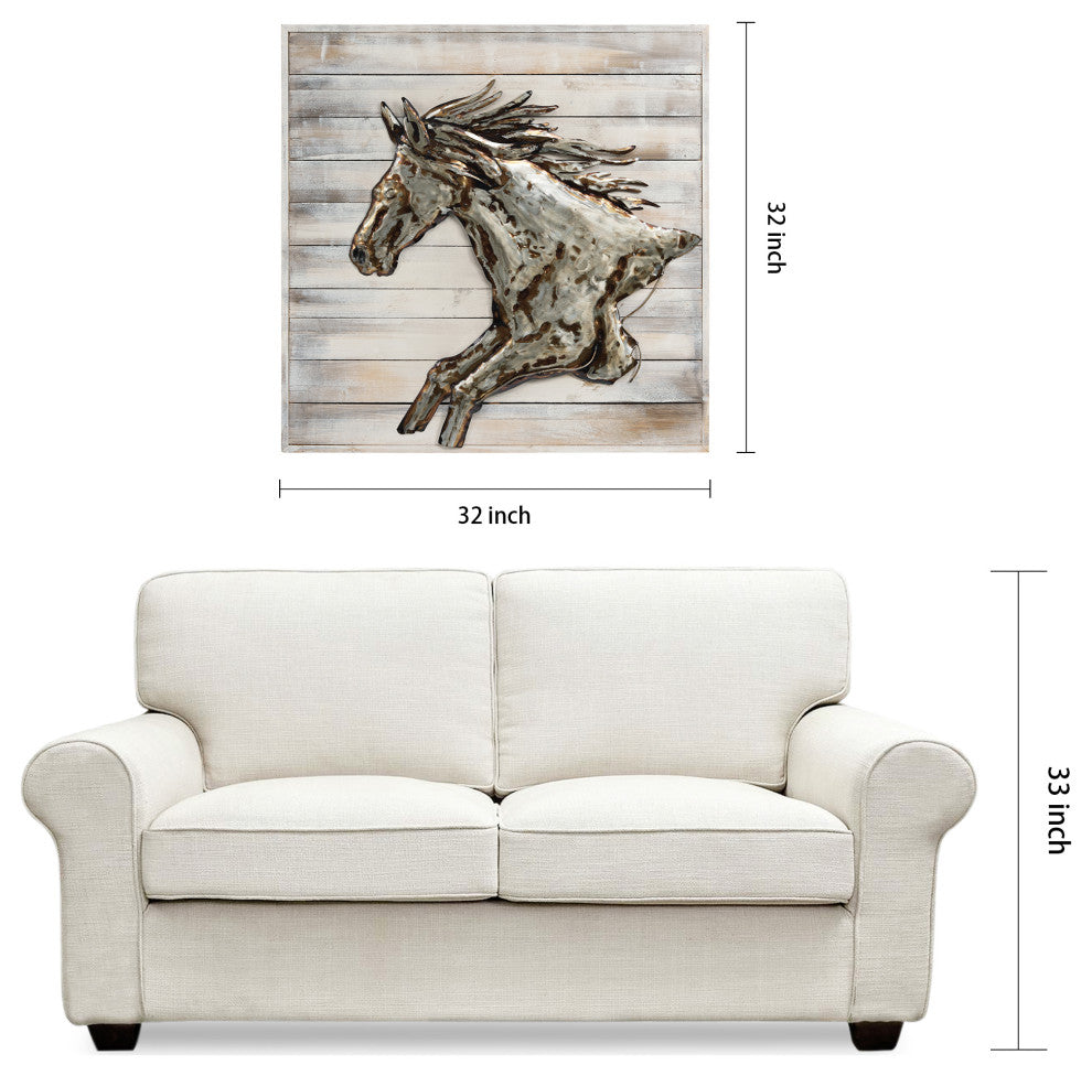 "Golden Horse" Metallic Hand Painted Wall Art on Rugged Wooden Blocks Wall 32x32