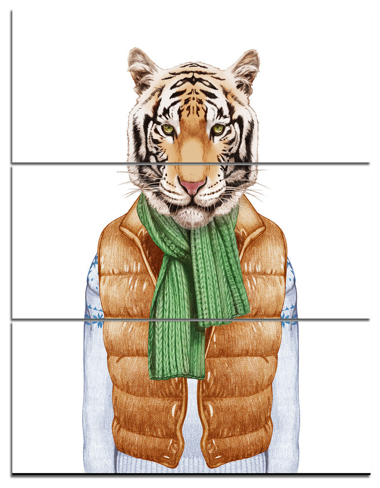 Tiger in Vest and Sweater, Contemporary Animal Art Canvas, 28x36, 3 Panels
