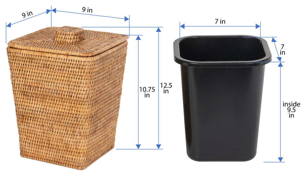 Rattan Square Waste Basket, Lid, Plastic Insert, Honey-Brown