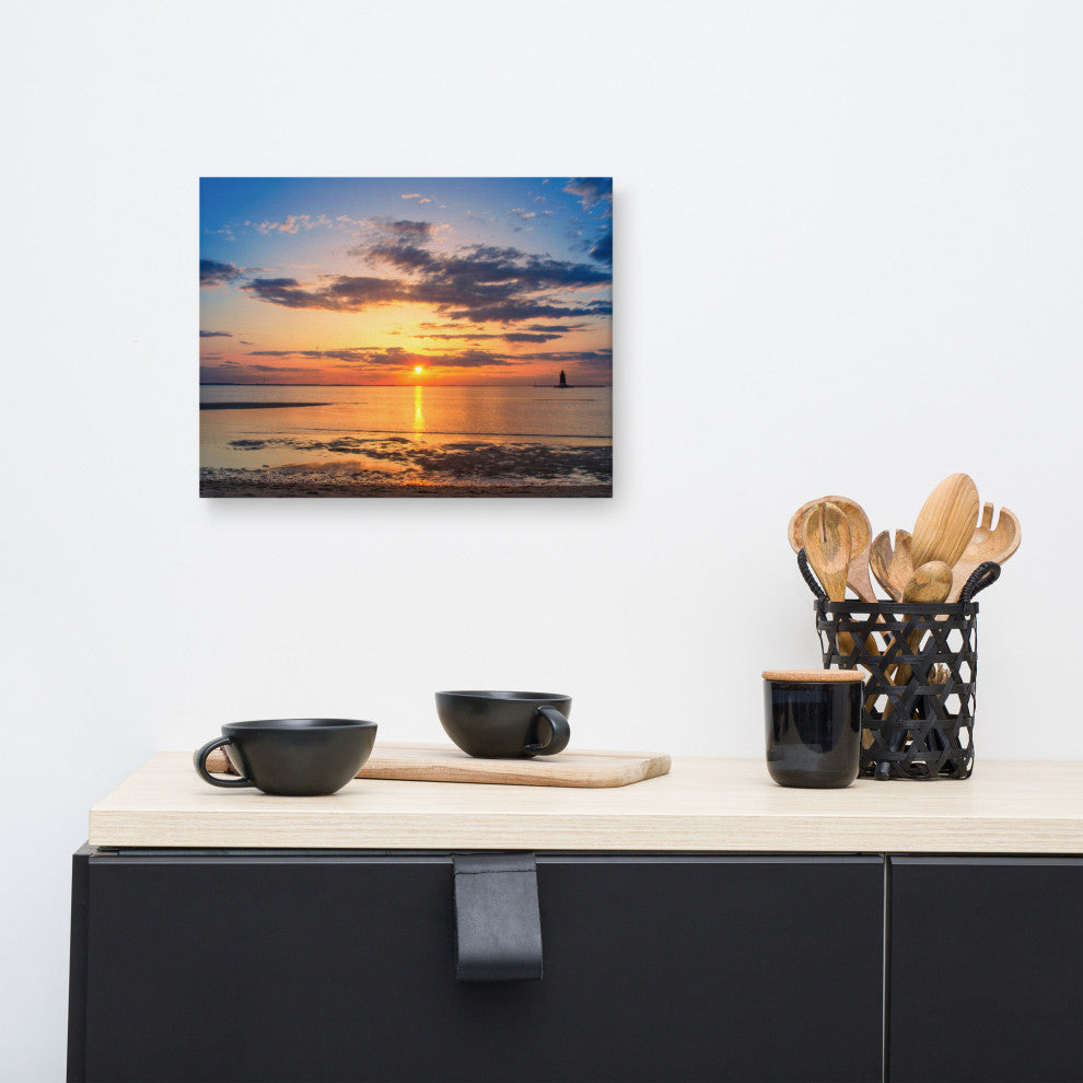 Sunset at Breakwater Lighthouse Coastal Landscape Photo Canvas Print, 12" X 16"