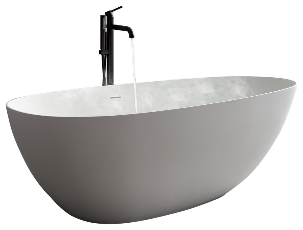 Stone Resin Solid Surface Freestanding Bathtub Soaking Tub, 59", Matte White