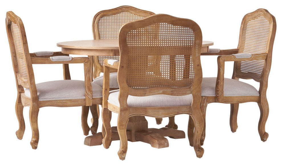 Absaroka French Country Fabric Wood and Cane 5-Piece Dining Set, Natural/Light Gray