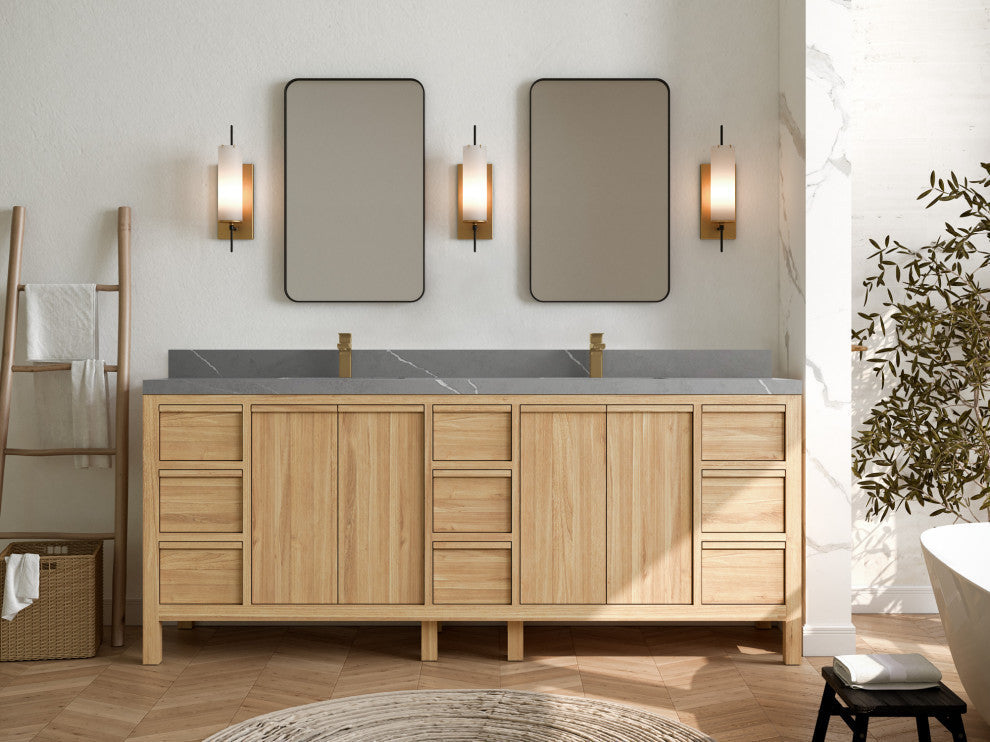 Elizabeth 84 Double Sink Bath Vanity in Light Natural Teak 2" Piatra Gray