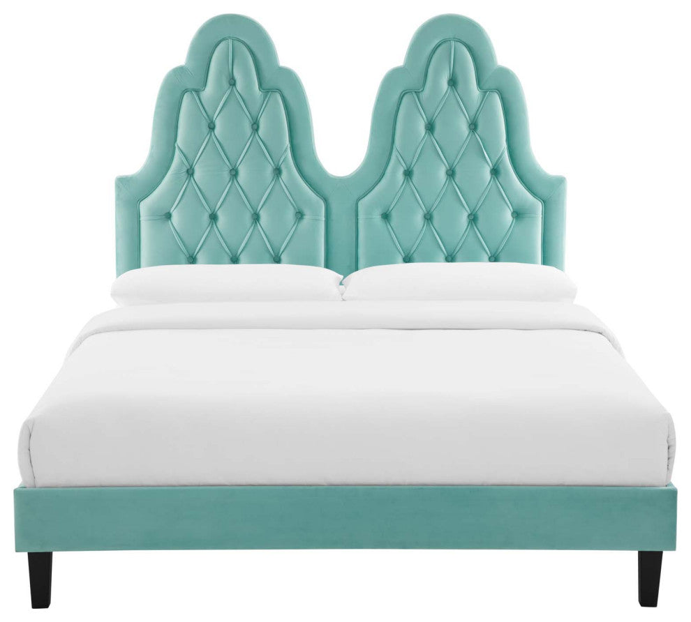 Tufted Platform Bed Frame, Twin Size, Velvet, Blue, Modern Contemporary, Bedroom