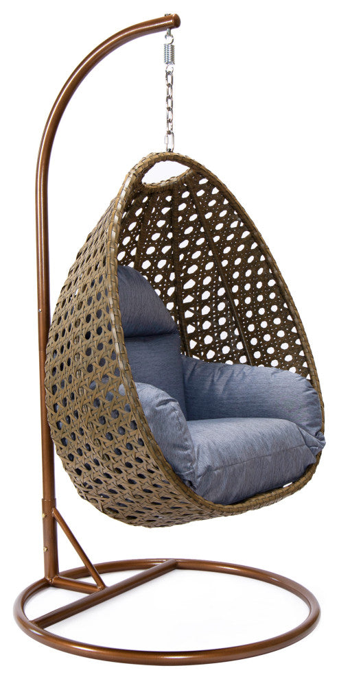 LeisureMod Beige Wicker Hanging Egg Swing Chair With Stand and Cushion, Charcoal Blue