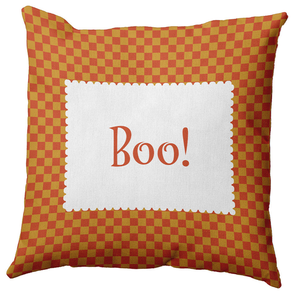 Halloween Boo Checks Indoor/Outdoor Throw Pillow, Rust, 18"x18"