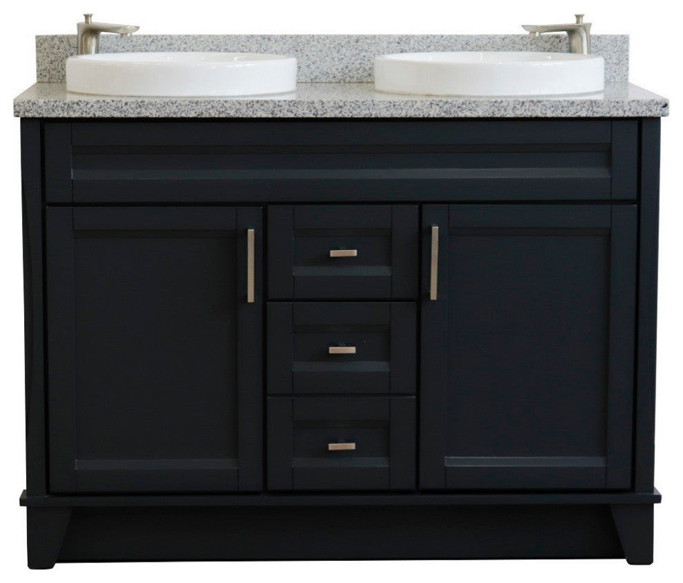 48" Double Sink Vanity, Dark Gray Finish With Gray Granite And Round Sink