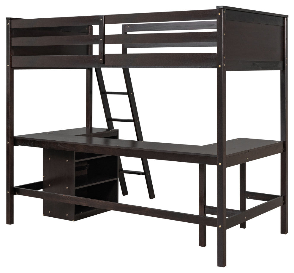 Gewnee Twin size Wood Loft Bed with Shelves and Desk in Espresso
