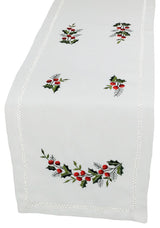 Holly Berry Embroidered Hemstitch Christmas Table Runner, 15"x54"
