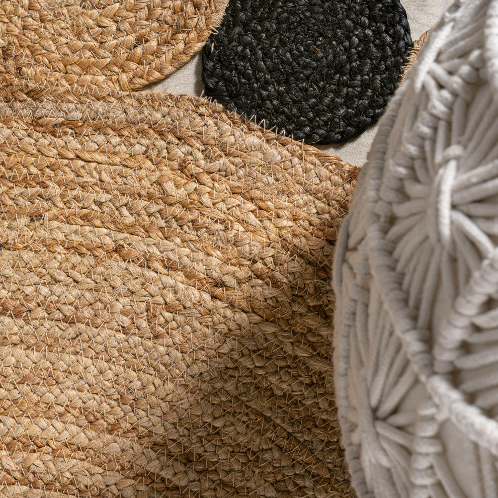 Ayana Two-Tone Jute Hippy Circle Round Area Rug, Natural/Black, 4' Round