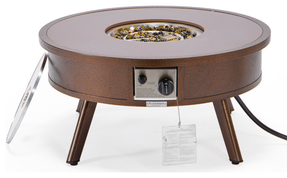 Leisuremod Walbrooke Patio Round Fire Pit Table With Aluminum Frame, Brown