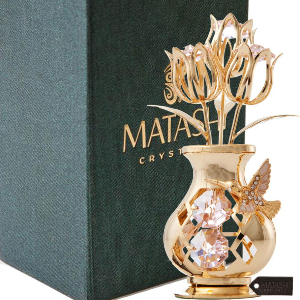 24K Gold Plated Crystal Studded Flower With Hummingbird Ornament, Pink Crystals