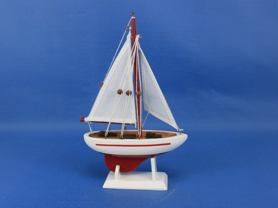 Wooden Pacific Sailer Model Sailboat Decoration, Red, 9"